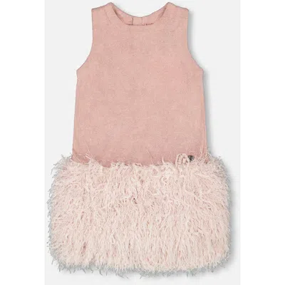 Deux Par Deux Kids'  Sleeveless Bi-material Lurex Dress With Feathers In Pink