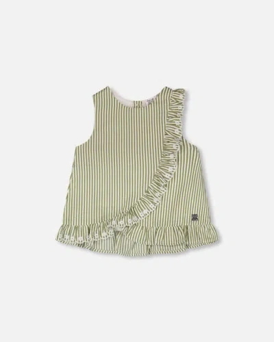 Deux Par Deux Kids'  Sleeveless Embroidered Ruffle Stripes Top In Multi
