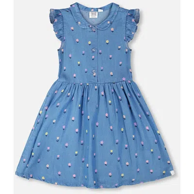 Deux Par Deux Kids'  Sleeveless Flower Button Down Dress In Blue