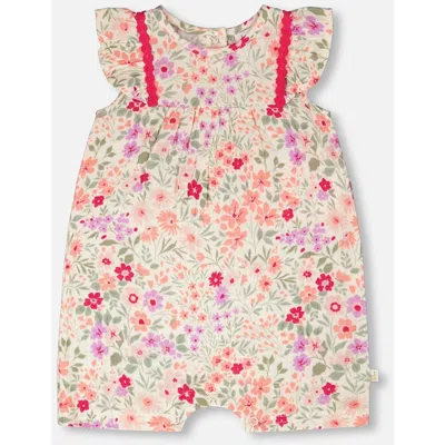 Deux Par Deux Babies'  Sleeveless Flutter Ruffles Printed Flowers Romper In Pink