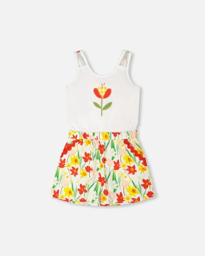 Deux Par Deux Kids'  Jersey And Viscose Sleeveless Flower Romper In Multi