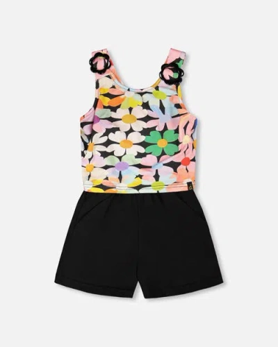 Deux Par Deux Kids'  Sleeveless Jersey Flowers Jumpsuit In Multi