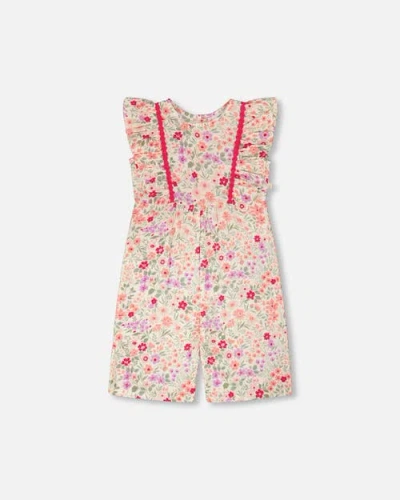 Deux Par Deux Kids'  Sleeveless Muslin Flowers Jumpsuit In Multi