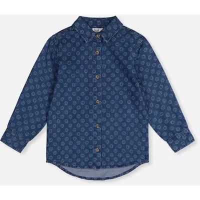 Deux Par Deux Kids'  Smiley Detail Chest Pocket Chambray Shirt In Blue