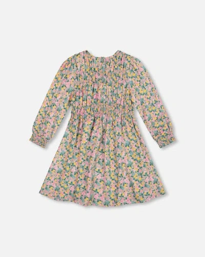 Deux Par Deux Kids'  Smocked Viscose Dress With Floral In Brown