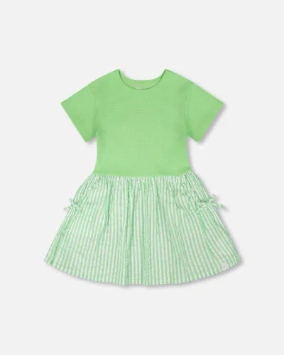 Deux Par Deux Kids'  Soft Jersey Short Sleeve Bi-material Dress In Green