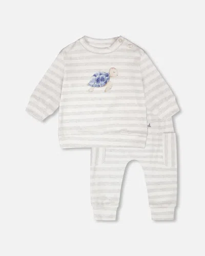 Deux Par Deux Kids' Soft Jersey Sweater And Pants Set White And Grey Stripes In Gray