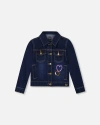 Deux Par Deux Stretch Denim Jacket With Glittery Hearts And Unicorn In Blue