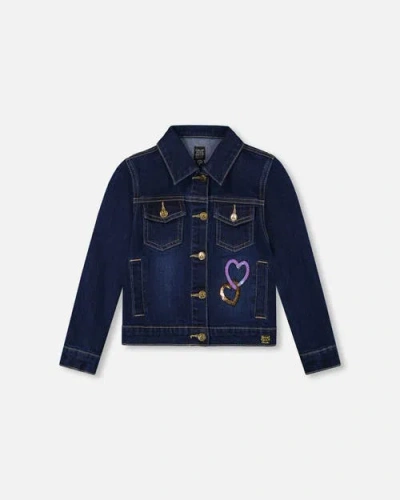 Deux Par Deux Kids'  Stretch Denim Jacket With Glittery Hearts And Unicorn In Blue