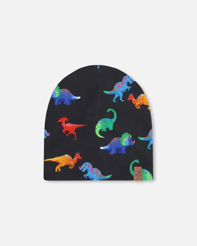 Deux Par Deux Kids' Stretch Jersey Beanie Black Dinosaur Print