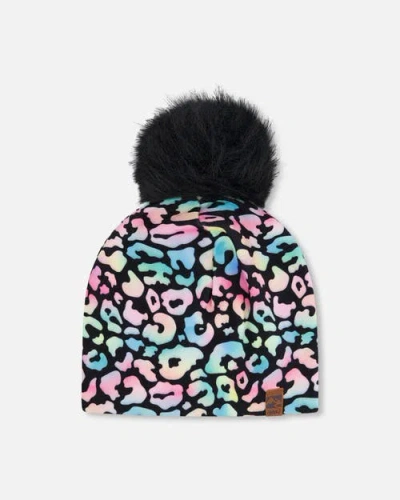 Deux Par Deux Kids'  Stretch Jersey Hat Animal With Pompom In Black