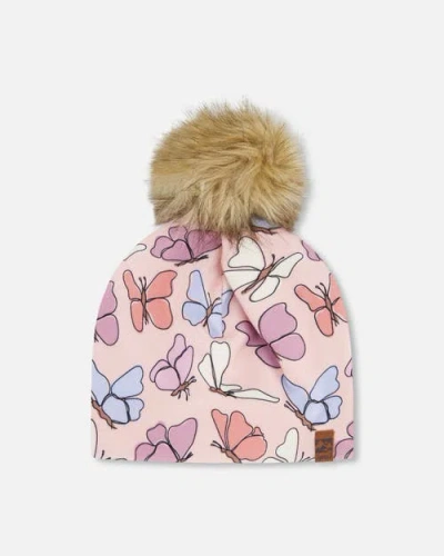 Deux Par Deux Kids'  Stretch Jersey Hat Butterflies With Pompom In Multi