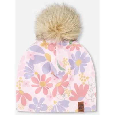 Deux Par Deux Kids'  Stretch Jersey Hat Flower With Pompom In Pink