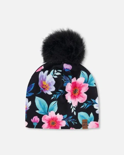 Deux Par Deux Kids'  Stretch Jersey Hat Flowers With Pompom In Black