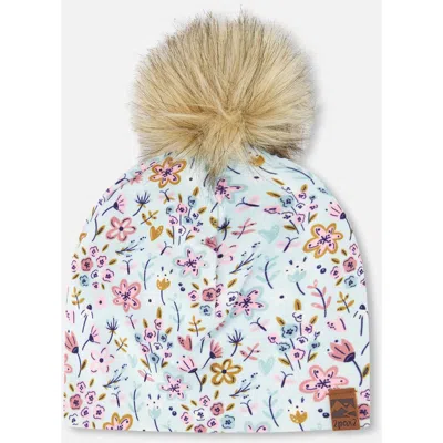 Deux Par Deux Babies'  Stretch Jersey Hat Mini Flower Print With Pompom In Blue