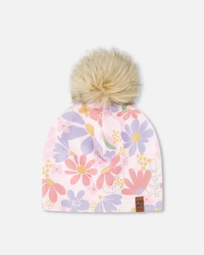 Deux Par Deux Kids' Stretch Jersey Hat Pink Flower Print With Pompom In Multi
