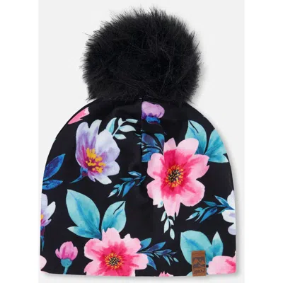 Deux Par Deux Babies'  Stretch Jersey Hat Printed Flowers With Pompom In Black
