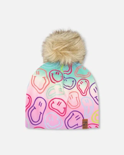 Deux Par Deux Kids'  Stretch Jersey Hat Smileys With Pompom In Pink