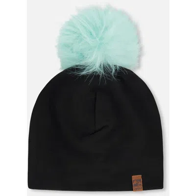 Deux Par Deux Kids'  Stretch Jersey Hat With Pompom In Black