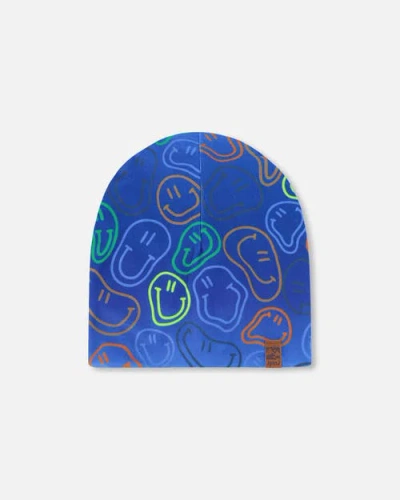 Deux Par Deux Babies'  Stretch Jersey Printed Smileys Beanie In Blue