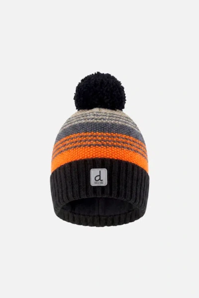 Deux Par Deux Kids'  Striped Ribbed Cuff Knit Hat With Pompom In Black
