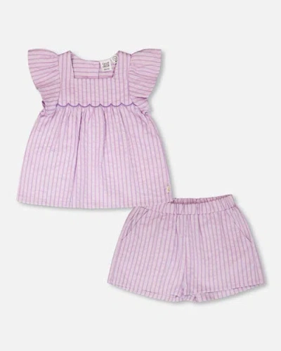 Deux Par Deux Kids'  Stripes Top And Short Set In Pink