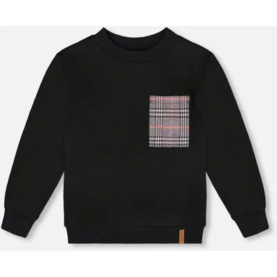 Deux Par Deux Babies'  Super Soft Brushed Jersey Long Sleeve Top With Plaid Pocket In Black