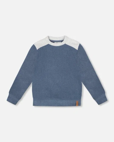 Deux Par Deux Kids'  Super Soft Long Sleeve Flat Back Rib Top With Elbow Patches In Blue
