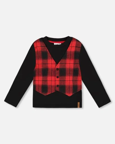Deux Par Deux Kids'  T-shirt With Plaid Vest In Black