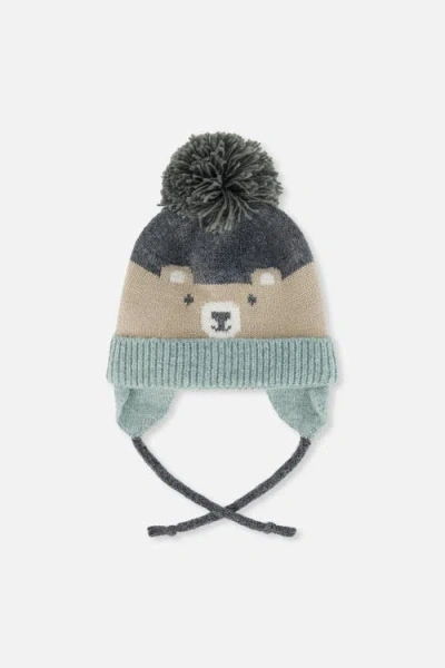 Deux Par Deux Babies'  Teddy Bear Face Earflap Winter Knit Hat With Chin Ties In Multi