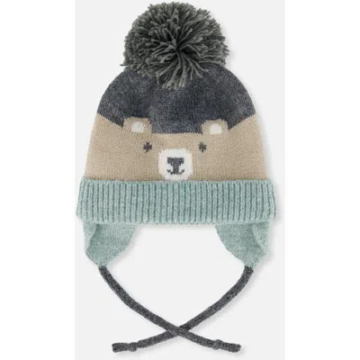 Deux Par Deux Kids'  Teddy Bear Face Earflap Winter Knit Hat With Chin Ties In Multi