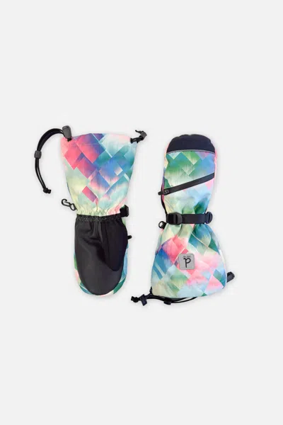 Deux Par Deux Kids' Teknik Winter Mittens Multicolored With Diamond Pattern In Green