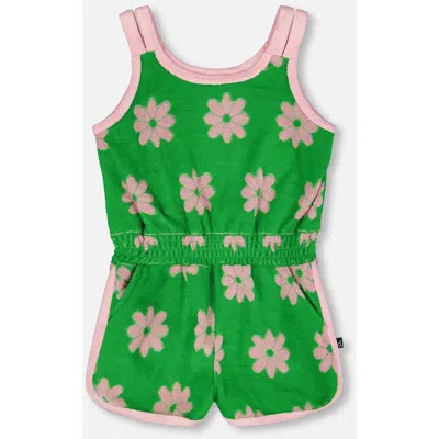 Deux Par Deux Kids'  Terry Cloth Sleeveless Flowers Jumpsuit In Green