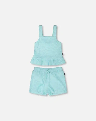 Deux Par Deux Kids'  Terry Tank Top With Ruffle Hem Shorts Set In Blue