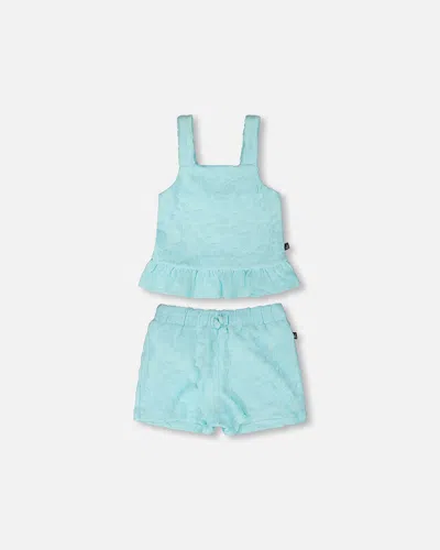 Deux Par Deux Kids'  Terry Tank Top With Ruffle Hem Shorts Set In Blue