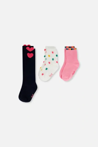 Deux Par Deux Kids'  Three Pair Heart Ribbed Cuff Stretch Socks In Multi
