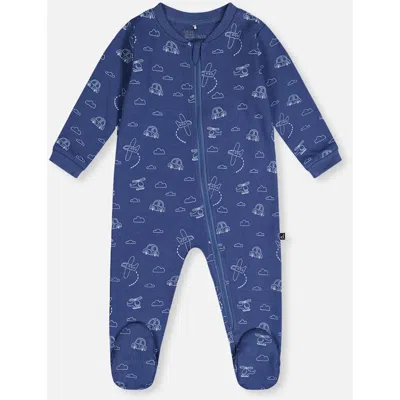 Deux Par Deux Babies'  Transport Organic Cotton Front Zipper Footed One Piece Pajama In Blue