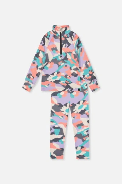 Deux Par Deux Kids'  Two Piece Camouflage Brushed Half-zip Top & Pants Thermal Underwear In Coral Camouflage
