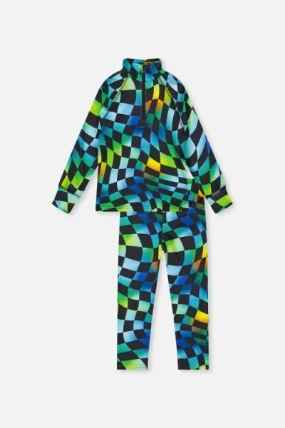Deux Par Deux Kids'  Two Piece Checkered Brushed Half-zip Top & Pants Thermal Underwear In Blue Checkered Print