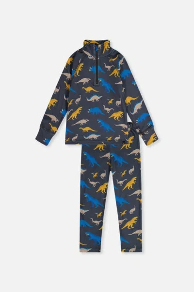 Deux Par Deux Kids'  Two Piece Dinosaur Brushed Half-zip Top & Pants Thermal Underwear In Grey And Blue Dinosaur Print