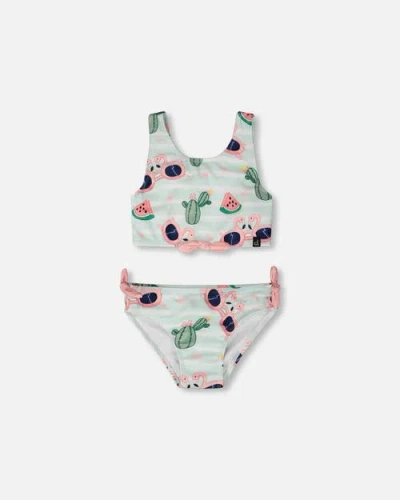 Deux Par Deux Kids'  Two-piece Flamingo And Cactus Swimsuit In Multi