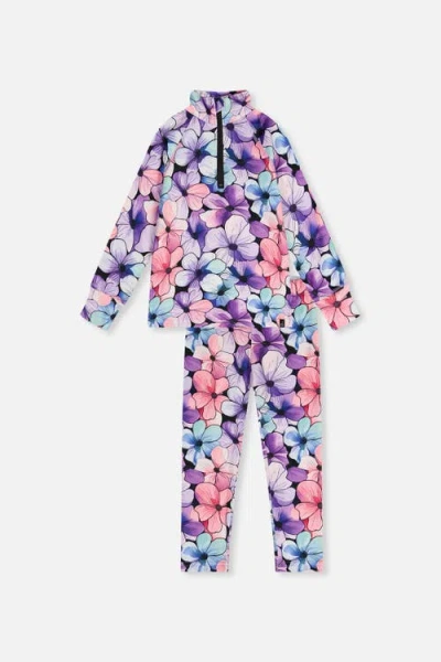 Deux Par Deux Kids'  Two Piece Floral Brushed Half-zip Top & Pants Thermal Underwear In Purple Floral Print