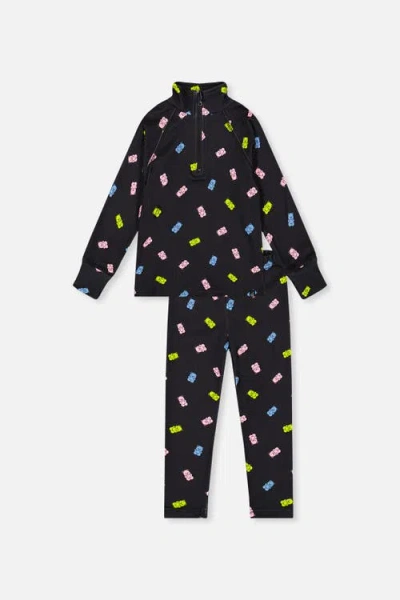 Deux Par Deux Kids'  Two Piece Gummy Bears Brushed Half-zip Top & Pants Thermal Underwear In Black Printed Gummy Bears