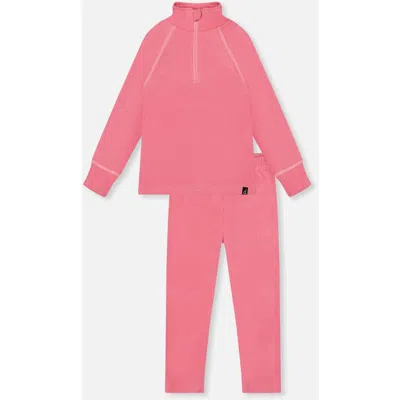 Deux Par Deux Kids'  Two Piece Half-zip Top And Elastic Waist Pants Thermal Underwear In Pink