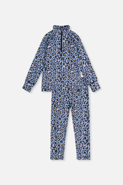 Deux Par Deux Kids'  Two Piece Leopard Brushed Half-zip Top & Pants Thermal Underwear In Blue Leopard Print