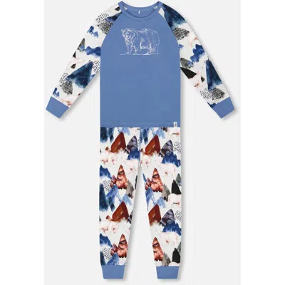 Deux Par Deux Babies'  Two-piece Organic Cotton Pajama Set Bear In Blue