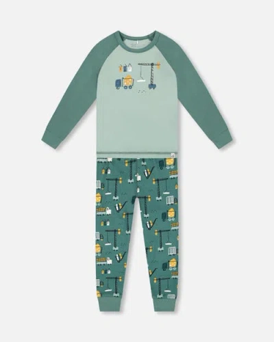 Deux Par Deux Kids'  Two-piece Organic Cotton Pajama Set Construction In Green