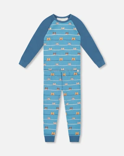 Deux Par Deux Kids'  Two-piece Organic Cotton Pajama Set Dog In Blue