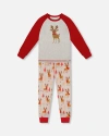 Deux Par Deux Two-piece Organic Cotton Pajama Set Reindeer In Sand