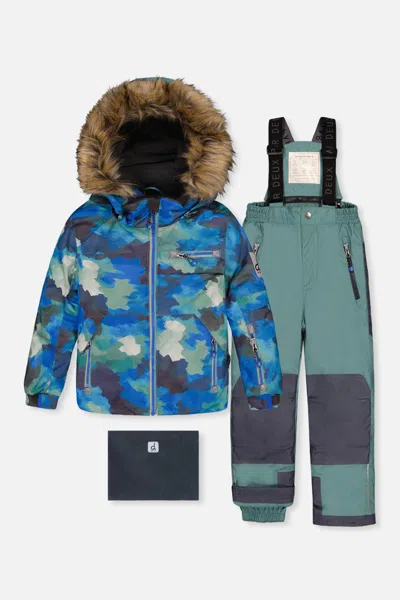 Deux Par Deux Kids' Two Piece Play Snowsuit Blue Camouflage Print With Green Pants